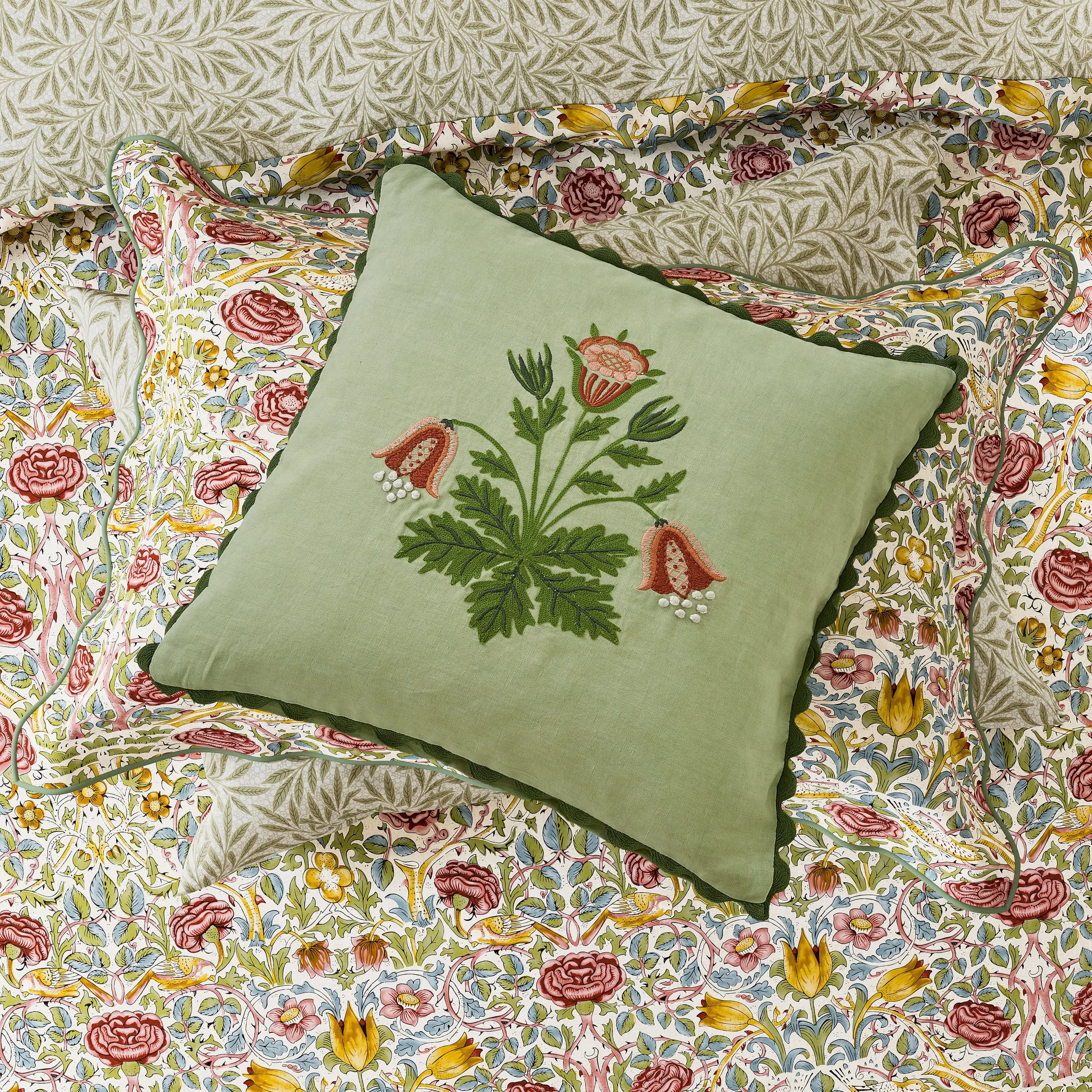 Rose Floral Cushion By Morris Co In Boughs Green Rose Pink